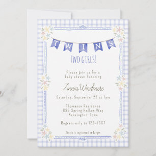 Invitación 004 Gemelos de Floral de Cuadros Azules añil Fiest