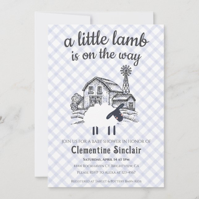 Invitación 004 Indigo Blue A Little Lamb Gingham Baby Shower (Anverso)