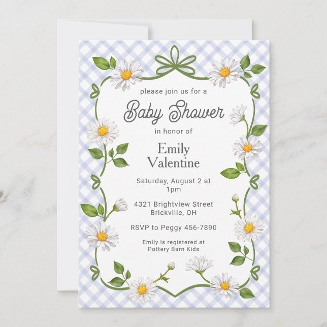 Invitación 004 Indigo Blue Floral Daisy Plaid Baby Shower (Anverso)