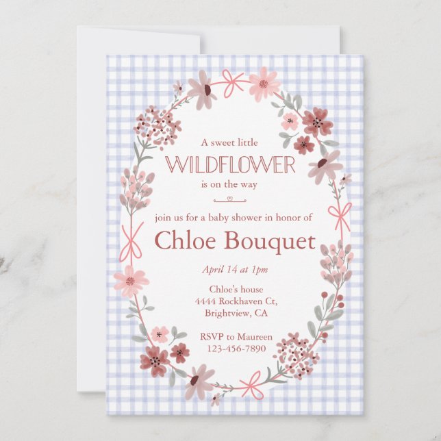 Invitación 004 Indigo Blue Wildflower Bow Gingham Baby Shower (Anverso)
