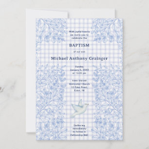 Invitación 004 Indigo Dove Botánico Cruz Gingham Bautizo