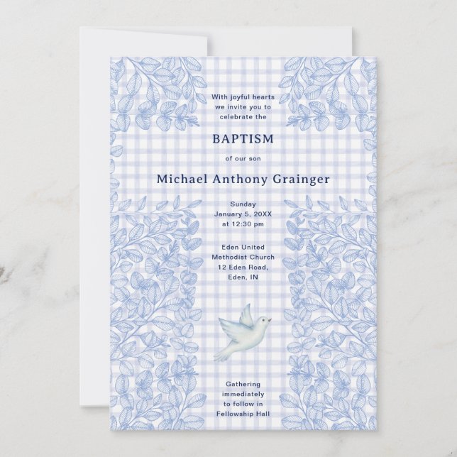 Invitación 004 Indigo Dove Botánico Cruz Gingham Bautizo (Anverso)