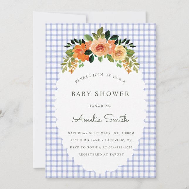 Invitación 004 Indigo Floral Gingham Baby Shower Invitations (Anverso)