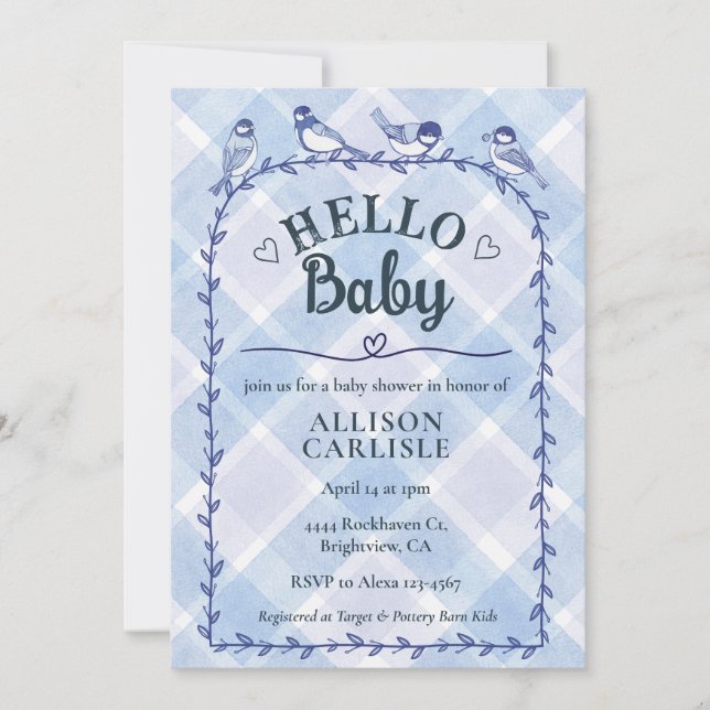 Invitación 004 Indigo Watercolor Gingham Birds Baby Shower (Anverso)
