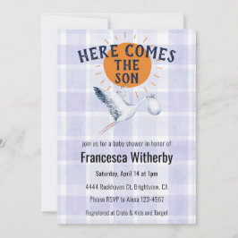 Invitación 004 Indigo Watercolor Plaid Stork Boho Baby Shower