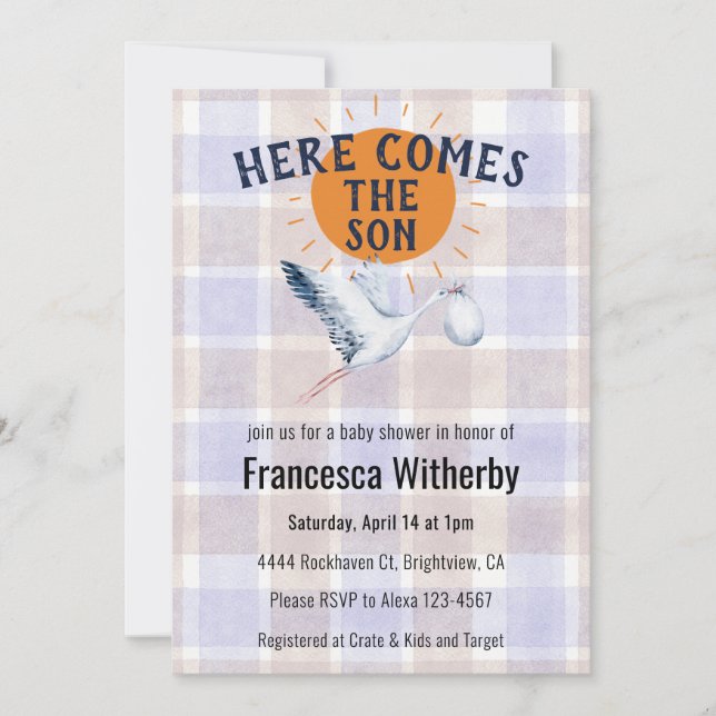 Invitación 005 Iris Acuarela Plaid Cigüeña Fiesta de Bebé Boh (Anverso)