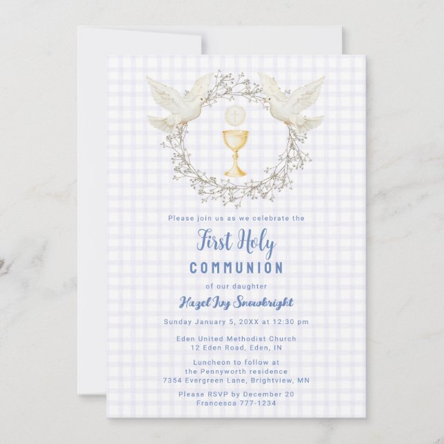 Invitación 005 Iris Dove & Chalice Gingham Primera Comunión (Anverso)