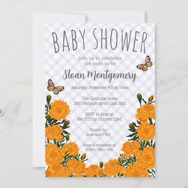 Invitación 005 Iris Mariposa Monarca Marigold Fiesta de Bebé (Anverso)