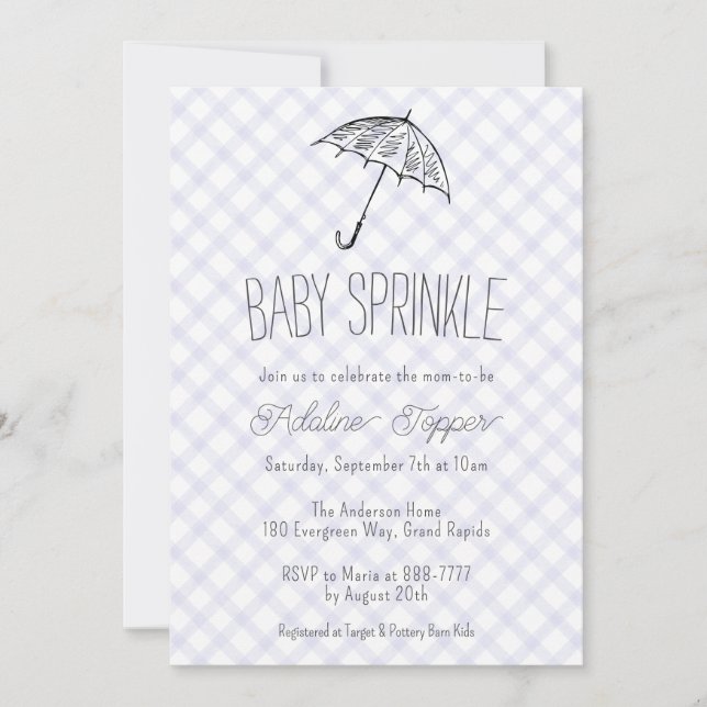 Invitación 005 Iris Modern Umbrella Gingham Baby Sprinkle (Anverso)