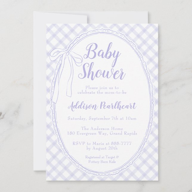Invitación 005 Iris Morado Antiguo Encaje Gingham Baby Shower (Anverso)