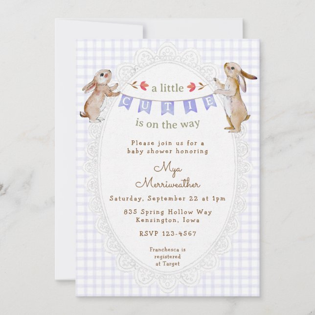 Invitación 005 Iris Morado Conejo Dulce Cuadros de Bebé Cumpl (Anverso)