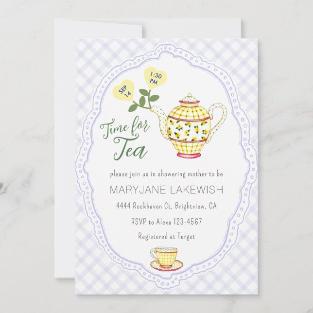 Invitación 005 Iris Morado Dulce Cuadros Fiesta del té Baby S (Anverso)