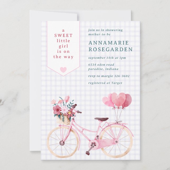 Invitación 005 Iris Morado Dulce Floral Niña Bicicleta Baby S (Anverso)