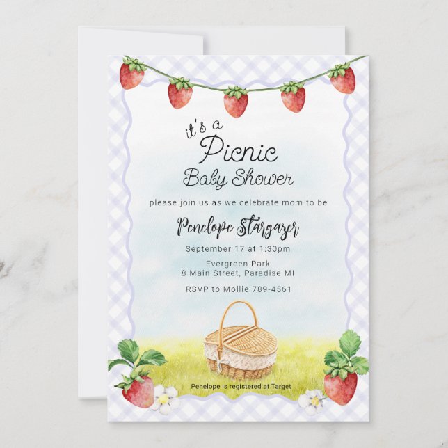 Invitación 005 Iris Morado Fresa Pícnic Baby Shower (Anverso)