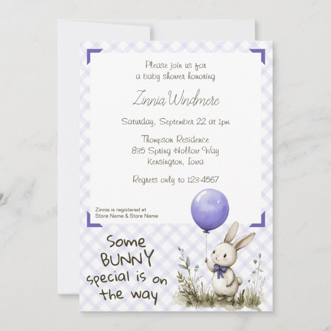 Invitación 005 Iris Morado • Some Bunny Special Baby Shower (Anverso)