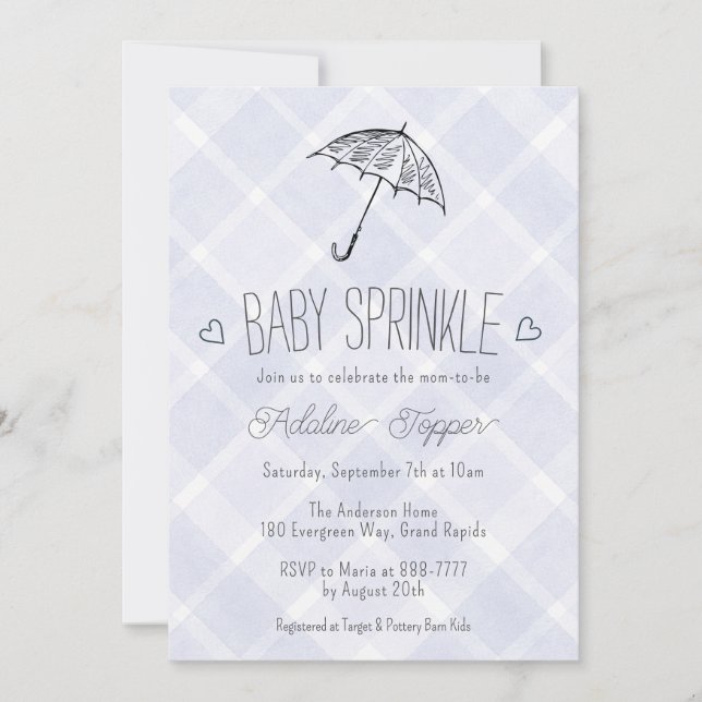 Invitación 005 Iris Plaid Umbrella Baby Sprinkle Shower (Anverso)