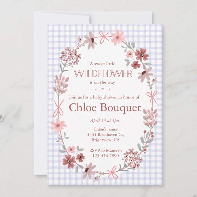 Invitación 005 Iris Purple Wildflower Bow Gingham Baby Shower (Anverso)