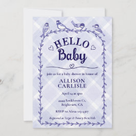 Invitación 005 Iris Watercolor Gingham Birds Baby Shower