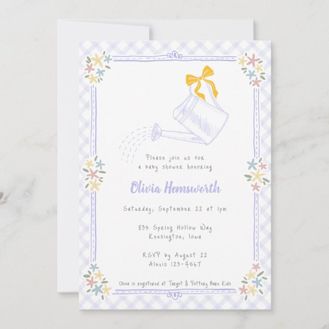 Invitación 005 Regadera de Gingham Lavanda de Iris Baby Showe (Anverso)