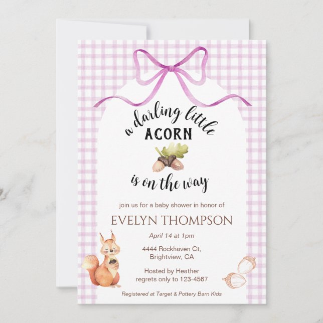 Invitación 006 Fiesta de Bebé Ardilla Bonita Gingham Bellota (Anverso)