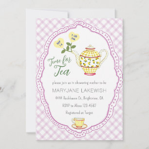 Invitación 006 Fiesta de té infantil con gingham lila mono ad