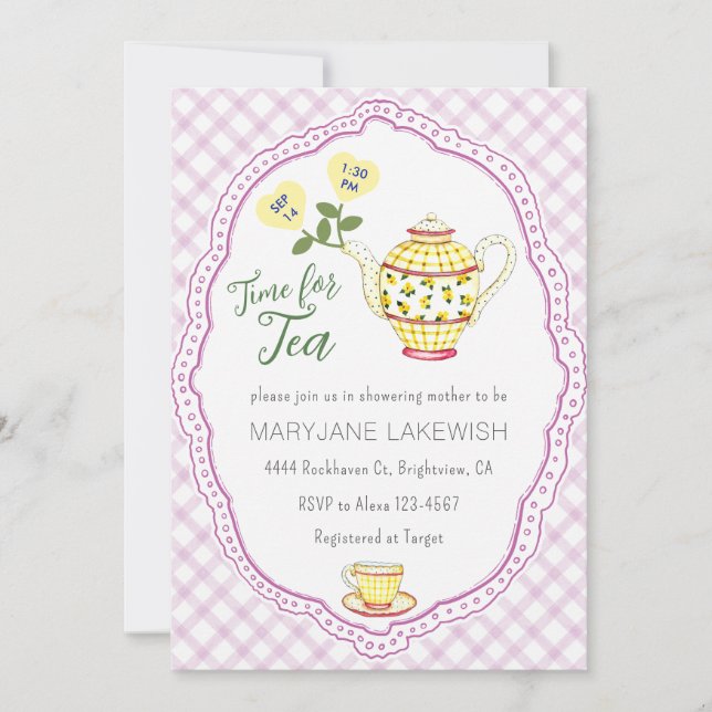 Invitación 006 Fiesta de té infantil con gingham lila mono ad (Anverso)