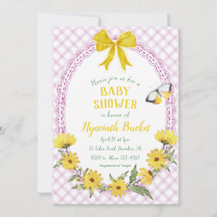 Invitación 006 Lazo de margarita amarilla de gingham para bab