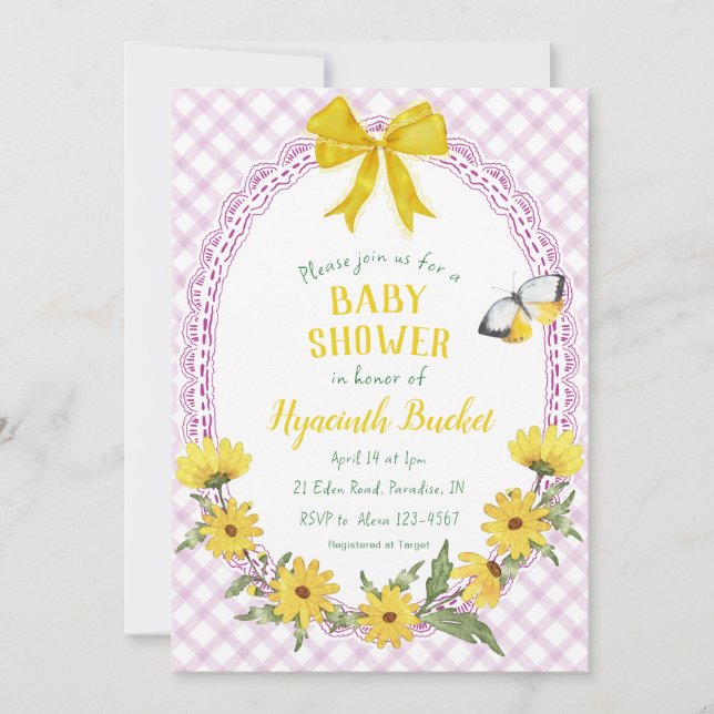 Invitación 006 Lazo de margarita amarilla de gingham para bab (Anverso)