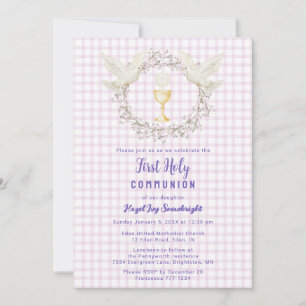 Invitación 006 Vino Paloma y Caliz Gingham Primera Comunión