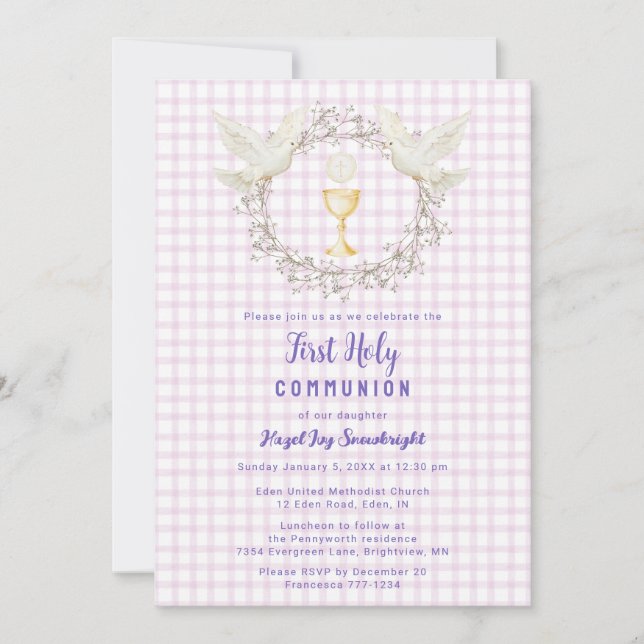 Invitación 006 Vino Paloma y Caliz Gingham Primera Comunión (Anverso)