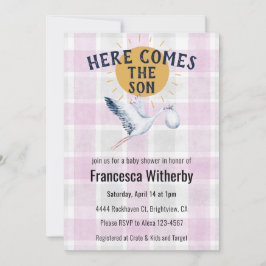 Invitación 006 Wine 020 Fog Sun Plaid Stork Baby Shower