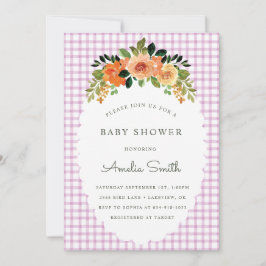 Invitación 006 Wine Floral Gingham Baby Shower Invitations