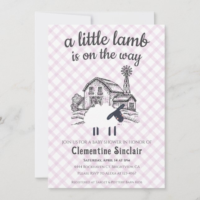 Invitación 006 Wine Purple A Little Lamb Gingham Baby Shower (Anverso)
