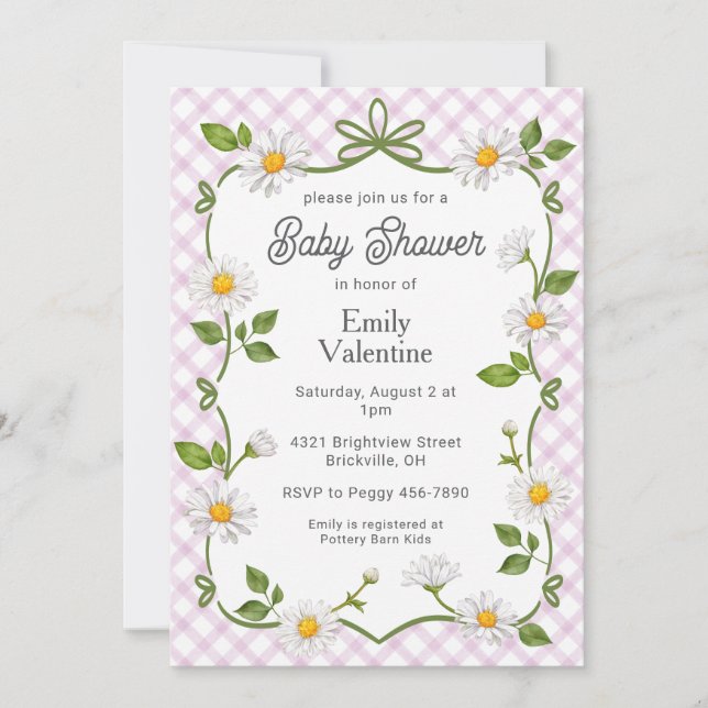 Invitación 006 Wine Purple Floral Daisy Plaid Baby Shower (Anverso)
