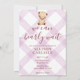 Invitación 006 Wine Purple Teddy Bear Gingham Baby Shower