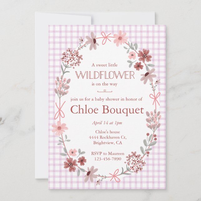 Invitación 006 Wine Purple Wildflower Bow Gingham Baby Shower (Anverso)