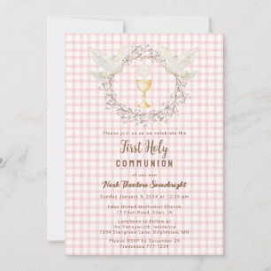 Invitación 007 Paloma Roja y Caliz Gingham Primera Comunión