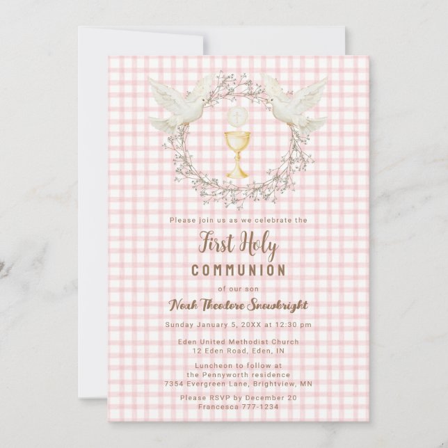 Invitación 007 Paloma Roja y Caliz Gingham Primera Comunión (Anverso)