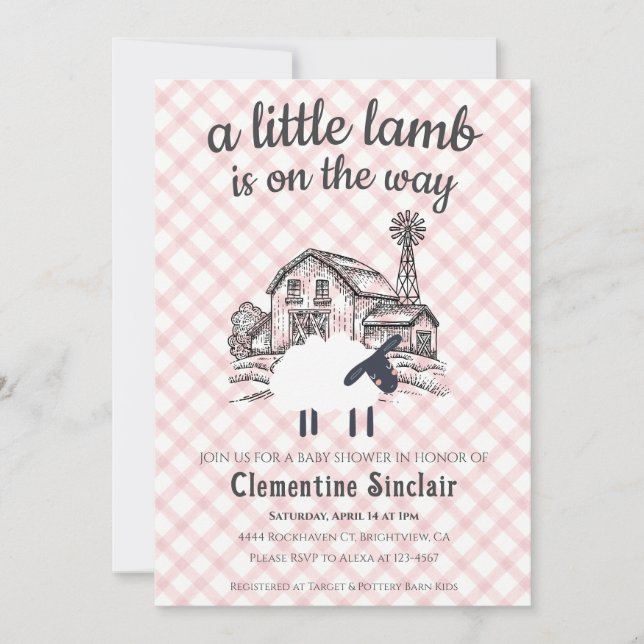 Invitación 007 Red A Little Lamb Farm Gingham Baby Shower (Anverso)