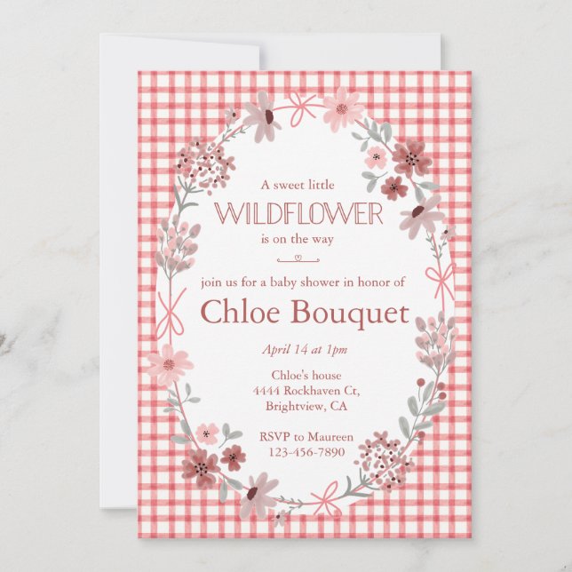Invitación 007 Red Boho Wildflower Bow Gingham Baby Shower (Anverso)
