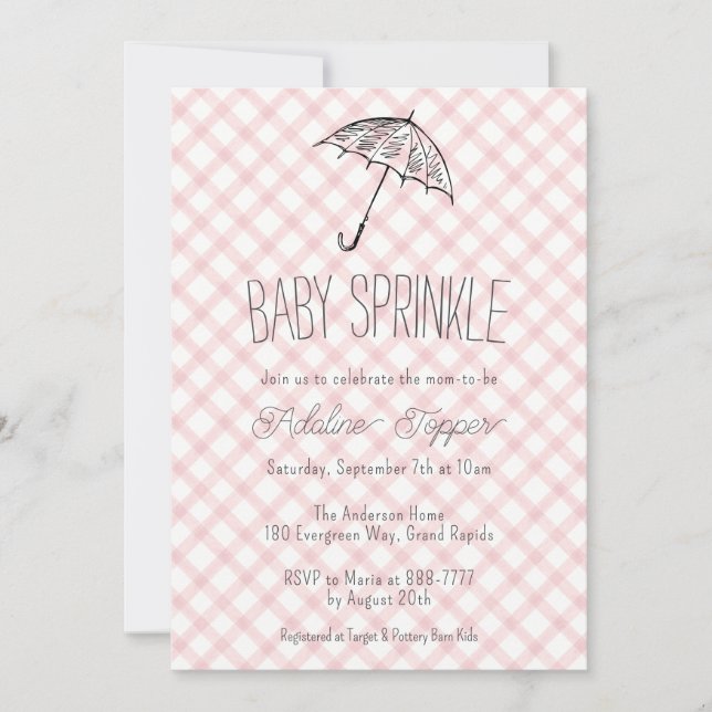 Invitación 007 Red Modern Umbrella Gingham Baby Sprinkle (Anverso)