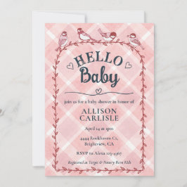 Invitación 007 Red Watercolor Gingham Birds Baby Shower