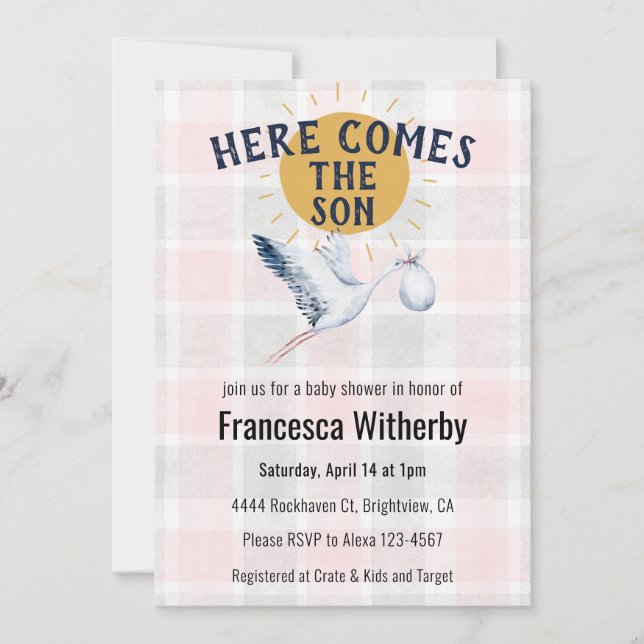 Invitación 008 Blush 020 Fog Sun Plaid Stork Baby Shower (Anverso)