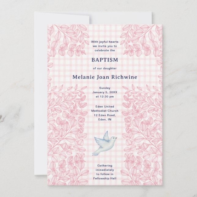 Invitación 008 Blush Dove Botánico Cruce Gingham Bautizo (Anverso)