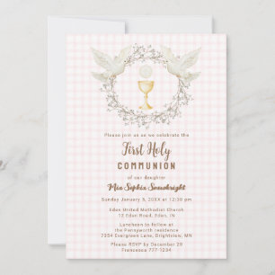 Invitación 008 Blush Dove y Chalice Gingham Primera Comunión