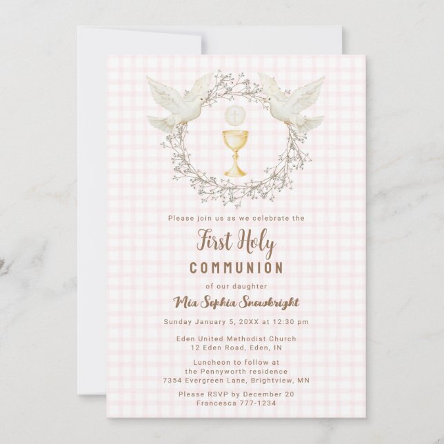 Invitación 008 Blush Dove y Chalice Gingham Primera Comunión (Anverso)