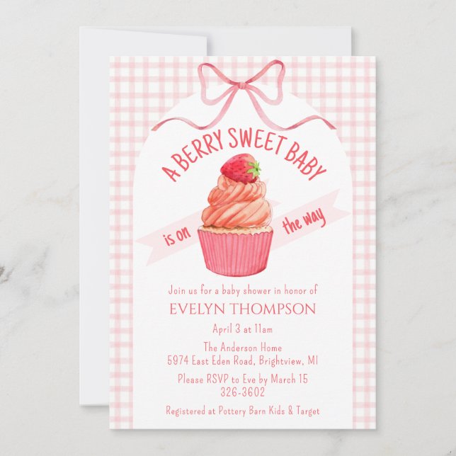Invitación 008 Blush Pink Berry Sweet Strawberry Baby Shower (Anverso)