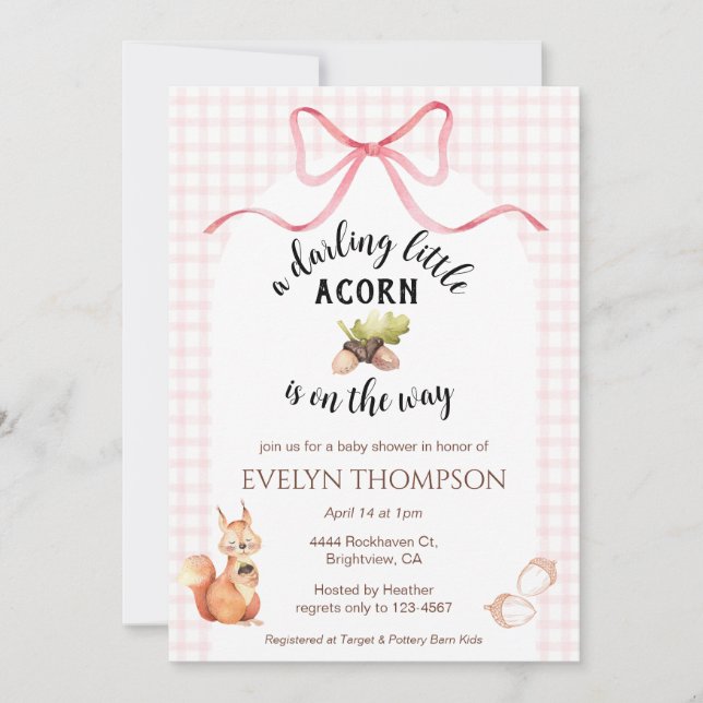 Invitación 008 Blush Pink Squirrel Acorn Gingham Baby Shower (Anverso)