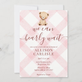 Invitación 008 Blush Pink Teddy Bear Gingham Baby Shower