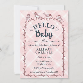 Invitación 008 Blush Watercolor Gingham Birds Baby Shower